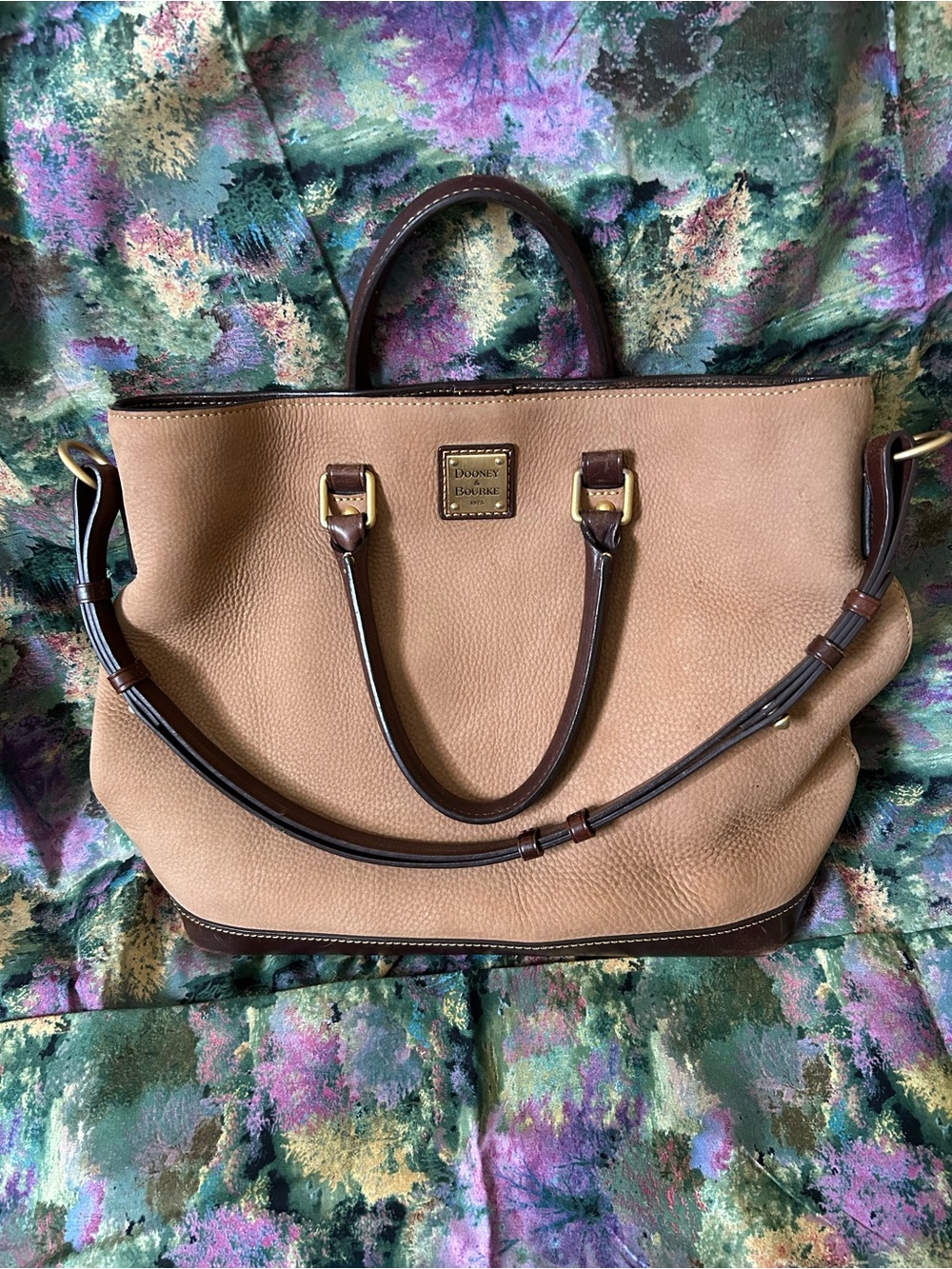 Dooney & Bourke Authentic Like New Tan Suede Leather Tote with Dark Brown Trim